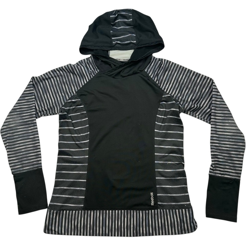 Reebok Black and Gray Striped Pullover Hoodie Polyester‎ Spandex Size Large